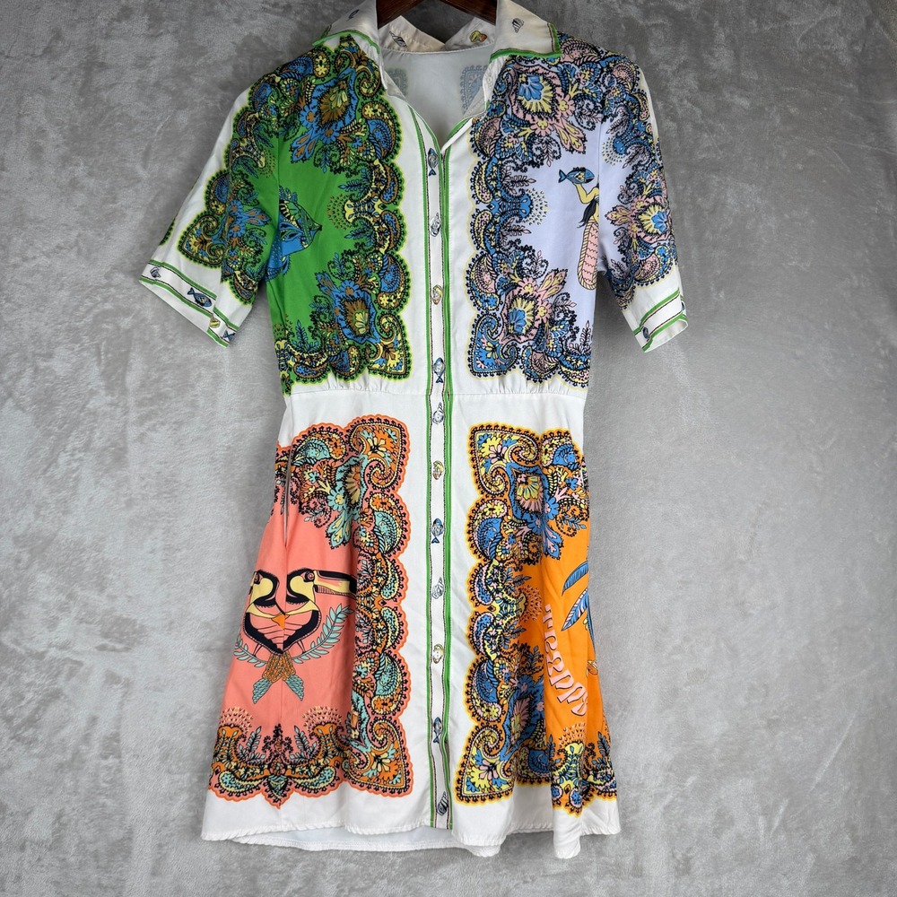 Fresha London Tropical Paisley Toucan Print euro Shirt Dress Multicolor